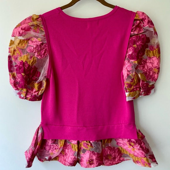 NEW Entro Hot Pink Puff Sleeve Peplum Bottom Shirt Top Sz L Sheer Floral Sleeves - Picture 5 of 5